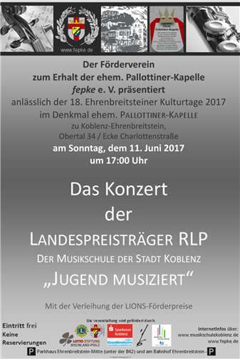 Das Konzert findet mit den Preisträgern des Wettbewerbs „Jugend musiziert“ in der ehemaligen Kapelle statt. Die Interpreten sind Erstplatzierte aus den Reihen der Musikschule der Stadt Koblenz. privat