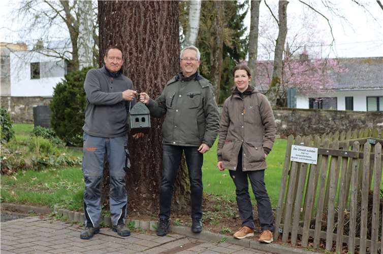 Das Nistkasten-Team auf dem Friedhof in Montabaur: (v.l.) Christoph Kunoth vom Bauhof, der Erste Stadtbeigeordnete Gerd Frink und Landschaftspflegerin Aglaia Abel. Foto: Stadt Montabaur / Christina Weiß