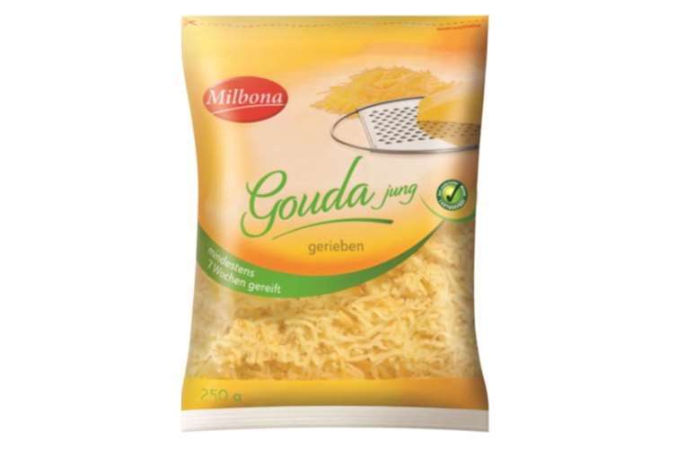Das Produkt Milbona Gouda jung gerieben, mindestens 7 Wochen gereift, 250 g wird zurückgerufen. Quelle:  Lebensmittelwarnung.de