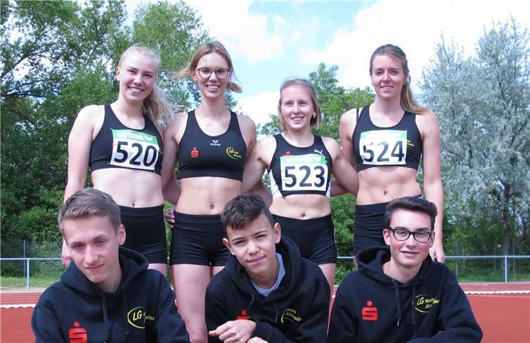 Das Team der LG Kreis Ahrweiler: v.li. stehend: Tokessa Zinn, Tamina Zinn, Carolina Menrath und Stefanie Müller sowie v.li. knieend: Raphael Jüris, Lino Albrecht und Cedric Kaminski. Jüris