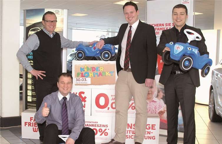 Das Toyota-Team von Löhr Automobile in Koblenz um Filialleiter Oliver Ehrlich ( 1.v.l.) hat für den großen Kinderflohmarkt, dessen Erlös in vollem Umfang der Kinderkrebsstation Kemperhof zugute kommt, noch einige Plätze zu vergeben. Udo Stanzlawski