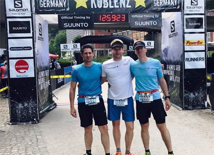 Das cPuderbacher Trail-Trio verkaufte sich gut bei der Premiere des "Salomon Trail 4 Germany" in Koblenz über 11,1 km. V.l.n.r.: Dennis Kemper, Michael Hoben, Jendrik Graß. Lauftreff Puderbach