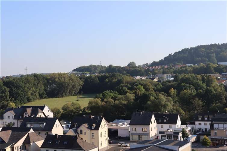 Das geplante Neubaugebiet Färbersahlen, aufgenommen vom Stadtbalkon am Karoline-Kahn-Platz. Nach dem Beschluss das Stadtrats soll nun nur noch der nördliche Teil mit Wohnhäusern bebaut werden, der südliche Teil ist ein geschütztes Wiesen-Biotop und bleibt deshalb unberührt. Foto: Stadt Montabaur
