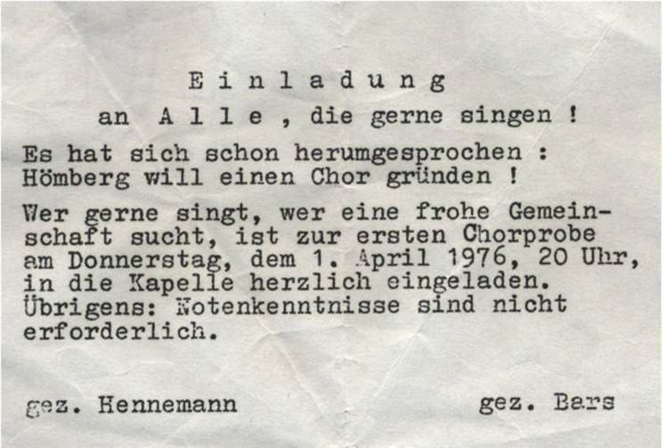 Das ist er, der Zettel, mit dem Pfarrer und Ortsbürgermeister 1976 erfolgreich um Sängerinnen und Sänger warben.
