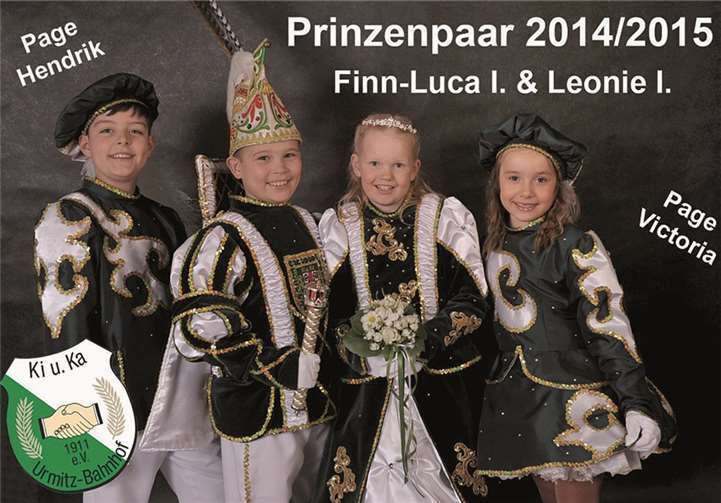 Das neue Kinderprinzenpaar der Ki und Ka Urmitz-Bahnhof, Prinz Finn-Luca und Prinzessin Leonie mit den Pagen Hendrik und Victoria.  Privat