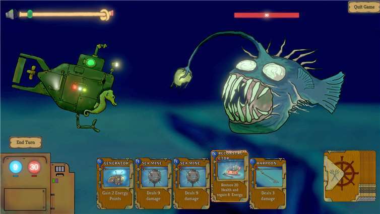 Das virtuelle Kartenspiel „Hadal Depth“, in dem man mit einem U-Boot in immer tieferen Meeresebenen gegen Seekreaturen bestehen muss.Quelle: Hochschule Koblenz