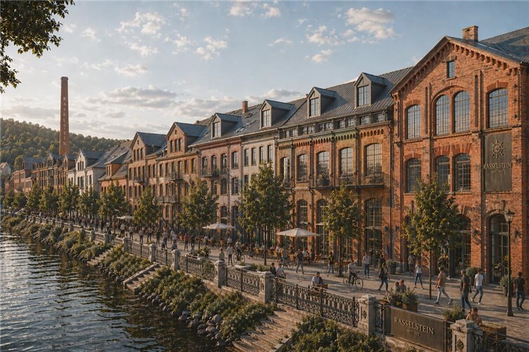 Das vorgestellte Bild zeigt eine moderne Bebauung des Rasselsteingelände, die sich an der Geschichte des Ortes orientiert und individuelle Bauten ermöglicht.