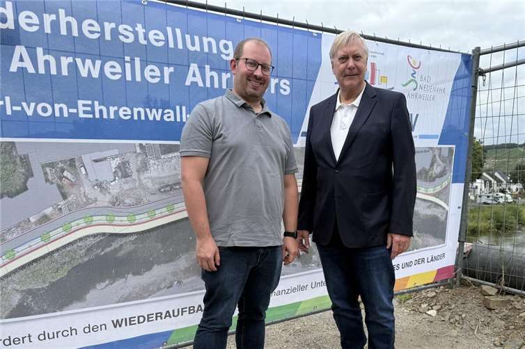 David Jacobs (links), Vorsitzender der FDP Bad Neuenahr-Ahrweiler, und Rolf Deißler (rechts), Fraktionsvorsitzender der FDP im Stadtrat, beim Spatenstich zur Carl-von-Ehrenwall-Allee. Die neue West-Ost-Verbindung südlich der Altstadt markiert einen wichtigen Baustein im Wiederaufbau.Foto: FDP Bad Neuenahr-Ahrweiler