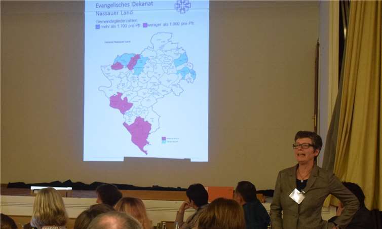 Dekanin Renate Weigel gab einen anschaulichen Überblick über die Pfarrstellen-Situation und Gemeinde-Kooperationen im Dekanat Nassauer Land. Um Vakanzen und dem bevorstehenden Mangel an Pfarrpersonal zu begegnen, werden Kooperationen unter den Gemeinden an Bedeutung gewinnen.privat