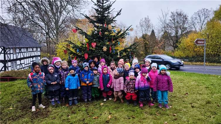 Den Weihnachtsbaum vor dem Köllenhof bestückten die Kindergartenkinder mit großer Begeisterung.  Foto: Evangelischer Kindergarten Ließem
