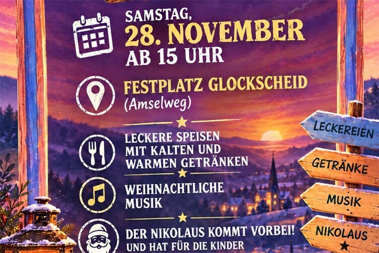 Der 1. Weihnachtsmarkt des Dorfvereins Glockscheid-Wüscheid findet am 28. November statt.
