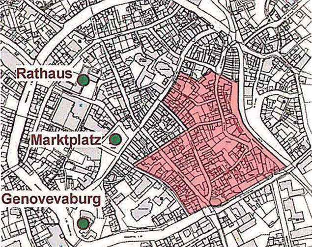 Der Bereich der Nordöstlichen Innenstadt ist in diesem Plan rot gekennzeichnet. Grafik: Stadt Mayen