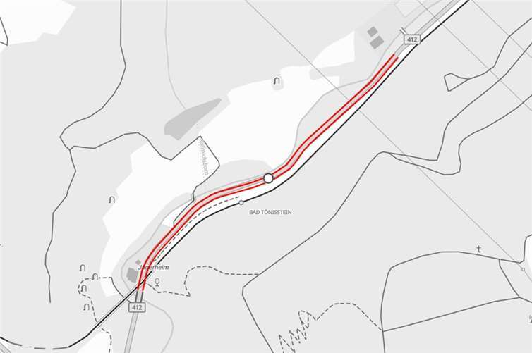 Der Bereich der Vollsperrung der B412.  Quelle: Mobilitätsatlas Rheinland-Pfalz