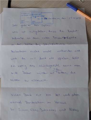 Der Brief der Jungs an den Bürgermeister. Foto: Facebook.com/Meckenheim.de
