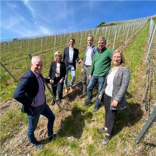 Der CDU-Bundestagsabgeordnete Marlon Bröhr (3.v.l.) und die CDU-Landtagsabgeordneten Anke Beilstein (2.v.l.), Karina Wächter (re.) und Dennis Junk (li.) begutachteten gemeinsam mit Weinbauverband-Geschäftsführer Maximilian Hendgen (3.v.r.) die Tröpfchenbewässerung im Steillagenweinberg von Karlheinz Weis (2.v.r.) in Zell.  Foto: privat