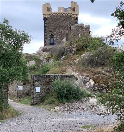 Der Eingangsbereich der Burg Wernerseck mit den neu angebrachten Informations- und Hinweistafeln.Foto: Gemeinde Ochtendung