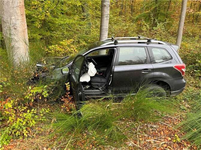 Der Fahrer des Subaru musste so weit nach rechts ausweichen, dass er die Böschung hinunterfuhr und gegen einen Baum prallte. Foto: Polizeipräsidium Koblenz