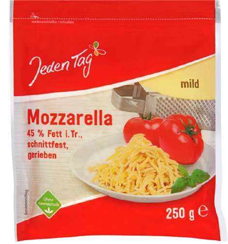 Der „Jeden Tag“ Mozzarella gerieben 250 g wird wegen möglicher Plastikteile im Produkt zurückgerufen.  Quelle: Lebensmittelwarnung.de
