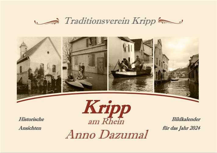 Der Kalender für das Jahr 2024 im A4-Querformat beinhaltet zwölf Fotografien sowie ein Deckblatt und eine Informationsseite zu den einzelnen Aufnahmen.  Quelle: Traditionsverein Kripp