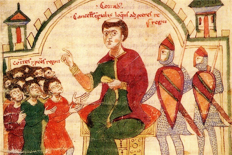 Der Kanzler Kaiser Heinrichs VI., Konrad von Querfurt, spricht zu Grafen und Rittern - Federzeichnung, vor 1197