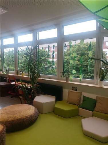 Der Lesewald ist so gestaltet, dass die zahlreichen Pflanzen und die sehr speziellen Möbel den Eindruck eines Waldes vermitteln.