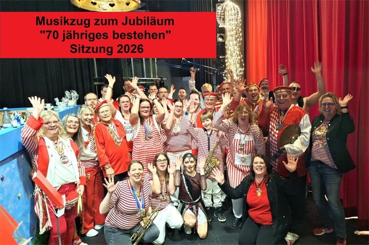 Der Musikzug nach ihrem 70-jährigen Jubiläum auf der Prunksitzung 2026
