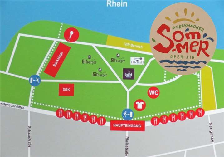 Der Plan zeigt die Anordnung des Festivalgeländes. Rechts und links neben dem Haupteingang sind die Trucks des „Street-Food-Marktes“ symbolisiert.