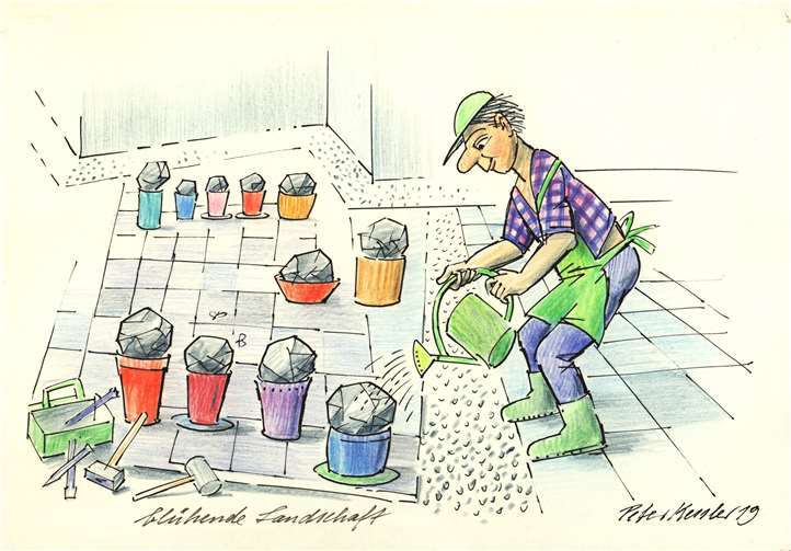 Der Siegerfamilie winkt als Anerkennungspreis die Karikatur „Blühende Landschaft“ des Remagener Künstlers Peter Kessler. Das signierte Original entstand bereits 2019 als Reaktion auf einen Spaziergang, bei dem dem Künstler „nicht nur Blumenwiesen“ in Vorgärten auffielen.Quelle: Bündnis 90/Die Grünen im Rat der Stadt Remagen