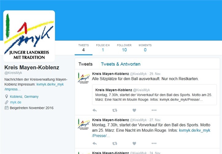 Der Twitter-Account ist angelegt. Wichtige und aktuelle Nachrichten aus dem Kreis erscheinen quasi in Echtzeit. Kreisverwaltung Mayen-Koblenz