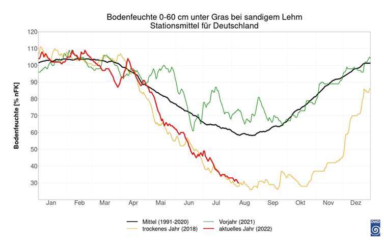 Der Verlauf der über Deutschland gemittelten Bodenfeuchte in 0 bis 60 cm Tiefe (unter Gras für sandigen Lehmboden) für die Jahre 2018, 2021, 2022 und das Mittel 1991-2020.  Quelle: DWD