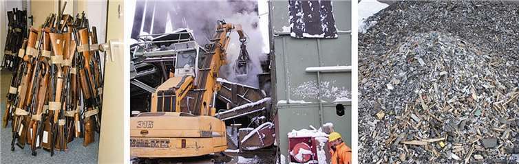 Der Weg der Waffen in drei Schritten. Erstens: zur Vernichtung abgegeben, zweitens: der Schredder-Anlage zugeführt, wo sie, drittens: zerstört werden. KV-AW