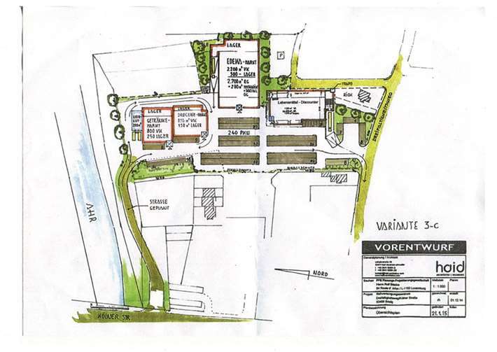Der erste Planentwurf für das Nahkaufzentrum auf dem Rickgelände: Rechts lässt sich die Entlastungsstraße entlang der Ahr erkennen. Repro BL