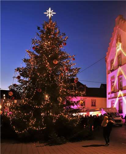Der festlich geschmückte und erleuchtete Weihnachtsbaum.