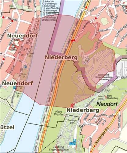Der gekennzeichnete Bereich soll am Dienstag, 12. September bis 8 Uhr evakuiert sein. Quelle: Stadt Koblenz