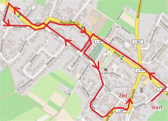 Der närrische Lindwurm startet am Rosenmontag in der Straße Rosskamp. OpenStreetMap (bearbeitet)