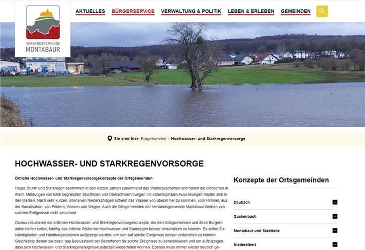 Der neue Infobereich Hochwasser- und Starkregenvorsorge auf der Homepage der VG Montabaur. Quelle: VG Montabaur