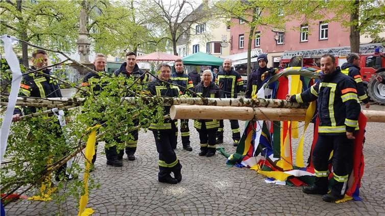 Der prächtig geschmückte Maibaum, bevor er von den Feuerwehrleuten in die Höhe verbracht wurde.  Fotos: AB