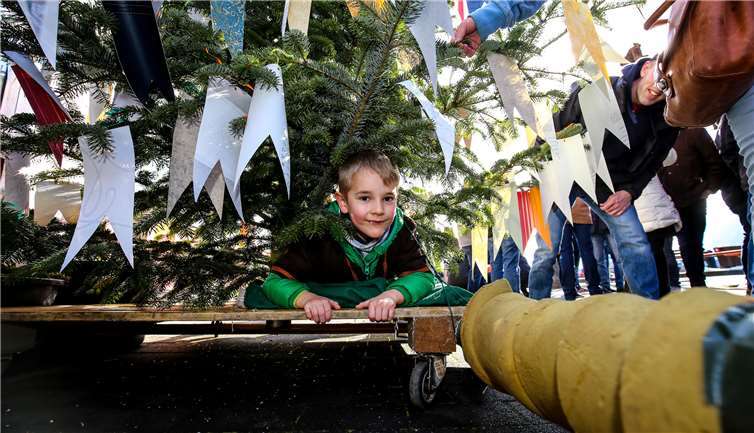 Der sechsjährige Moritz Schunk versteckte sich als Moosemann unter dem geschmückten Baum.
