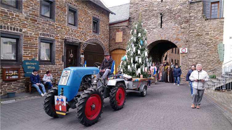 Der traditionell geschmückte Baum wurde nicht getragen, sondern von einem Traktor gezogen wurde.
