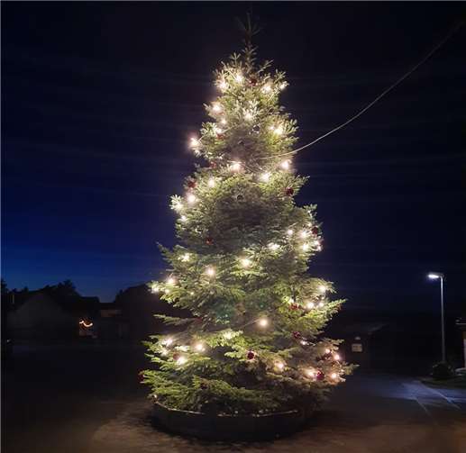 Der über 9 Meter hohe Weihnachtsbaum in der Dorfmitte von Winnerath. Foto: André Kürsten