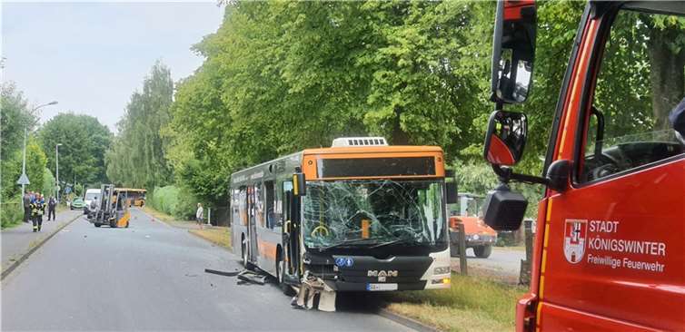 Der verunfallte Bus kam am Randsteifen zum Stehen.  Fotos: Freiwillige Feuerwehr Königswinter
