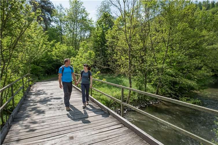 Der vom Deutschen Wanderverband als Qualitätswanderweg Wanderbares Deutschland ausgezeichnete Wiedweg führt in sieben Etappen zwischen 13 und 18 Kilometern abwechslungs- und erlebnisreich über und an der Wied entlang. Quelle: Westerwald Touristik-Service