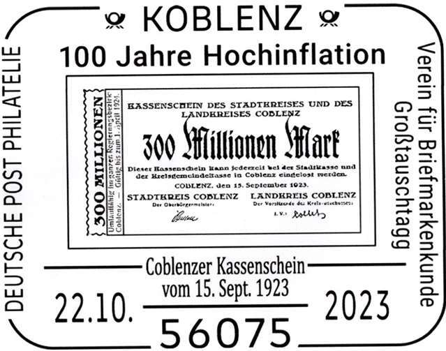 Der zum Großtauschtag eingesetzte Sonderstempel mit einem „Coblenzer Kassenschein“ vom 15. September 1923, der sich auf 300 Millionen Mark belief. Quelle: Verein für Briefmarkenkunde Koblenz