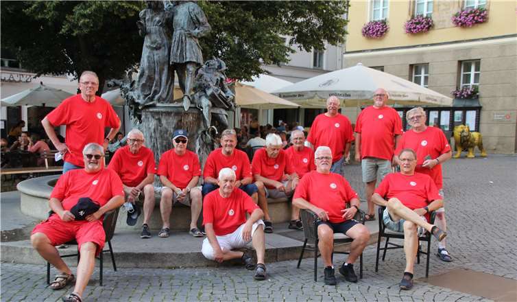 Die 13 Teilnehmer auf dem Marktplatz in Amberg:V.l.n.r.: Eckhard Weber, Matthias Kiefer, Werner Schmitz, Gerd Henkel, Uli Hehl, Ottmar Morgenschweis, Manfred Griebling, Achim Kiefer, Friedhelm Weiand,Otmar Michels, Bernd Otto, Klaus Ortseifen, Otmar Weiand.Fotos: Privat