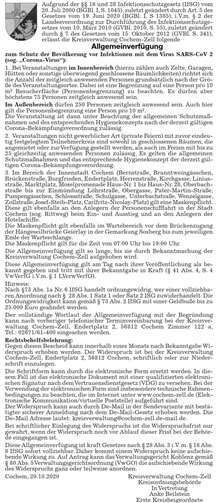 Die Allgemeinverfügung zum Schutz der Bevölkerung vor Infektionen mit dem Virus SARS-CoV 2 tritt am Donnerstag, 22. Oktober 2020, in Kraft. Quelle: Kreisverwaltung Cochem-Zell