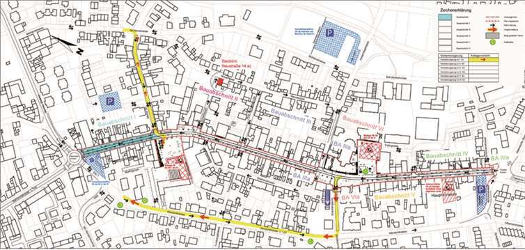 Die Altstadtsanierung läuft in verschiedenen Bauabschnitten ab. Der 1. Abschnitt (blau) beginnt am Niedertorkreisel bis zur Merler Straße. Baubeginn ist der 26. Mai.