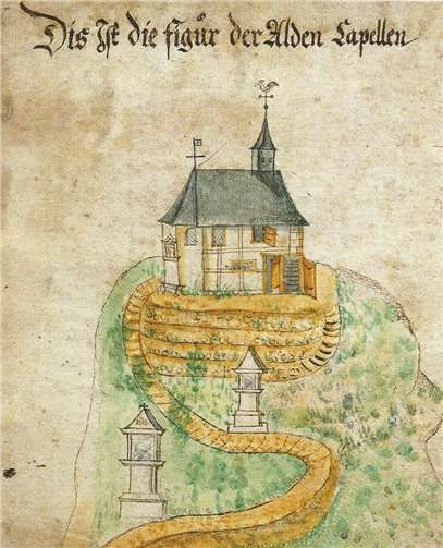 Die Aquarellzeichnung aus dem 17. Jh. zeigt die „Alden Kapellen“ mit angedeuteten Äckern und Weinbergen. Auch zwei der Kreuzwegstationen sind Elemente des Bildes.Stadtarchiv Bad Neuenahr-Ahrweiler