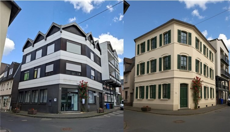 Die Architektur am Kirchplatz ist bis heute für viele ein Ärgernis. Rechts ein Beispiel wie Gebäude mit einer Gestaltungssatzung hätten aussehen können.  Foto: Thomas Napp