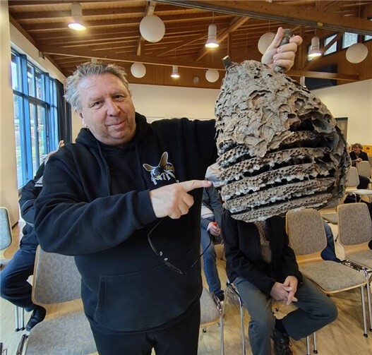 „Die Asiatische Hornisse, auch Vespa Velutina genannt, ist ein Tier, das einen Menschen potenziell töten kann“, stellte Carsten Emser, zertifizierten Hornissen- und Wespenumsiedler, zu Beginn seines vom Kreisimkerverband Ahrweiler organisierten Vortrages in der Dümpelfelder Mehrzweckhalle vor rund 40 interessierten Bürgern, Imkern, Winzern und Obstbauern fest.Foto: privat