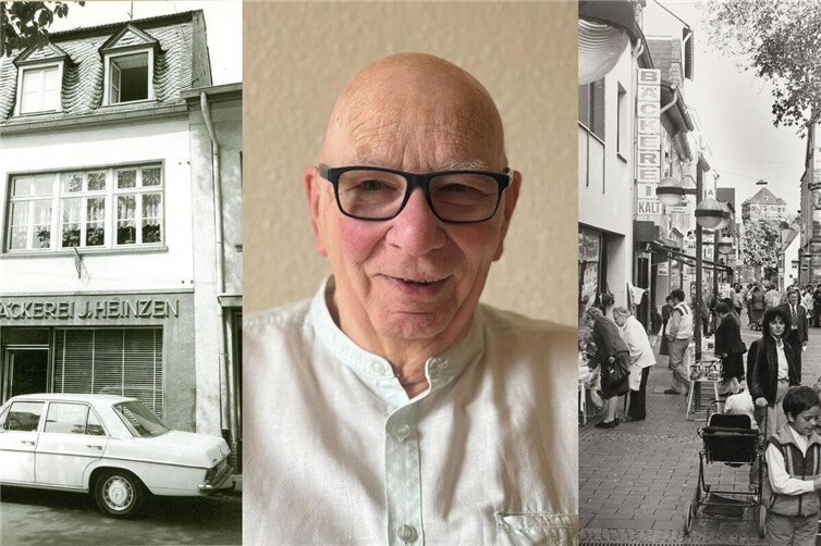 Die Bäckerei J. Heinzen, ein aktuelles Porträt des ehemaligen Bäckermeisters Manfred Kalt und die Andernacher Hochstraße mit dem Schild der Bäckerei Kalt.